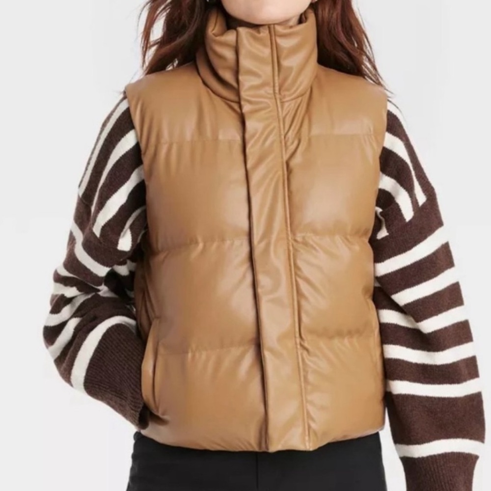 A New Day Tan Faux Leather Puffer Vest